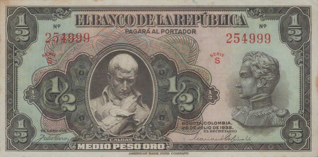 Front of Colombia p384: 0.5 Peso Oro from 1935