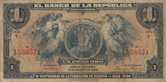 Front of Colombia p385a: 1 Peso Oro from 1938