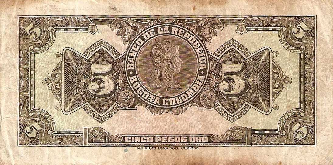 Back of Colombia p386a: 5 Pesos Oro from 1940