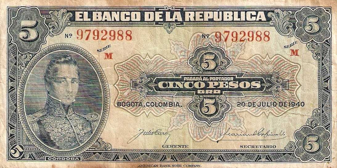 Front of Colombia p386a: 5 Pesos Oro from 1940