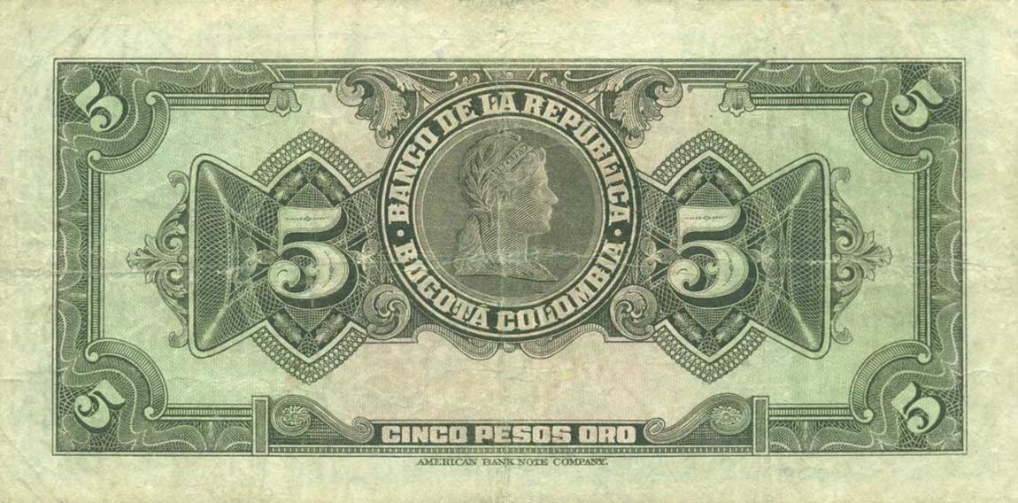 Back of Colombia p386d: 5 Pesos Oro from 1949