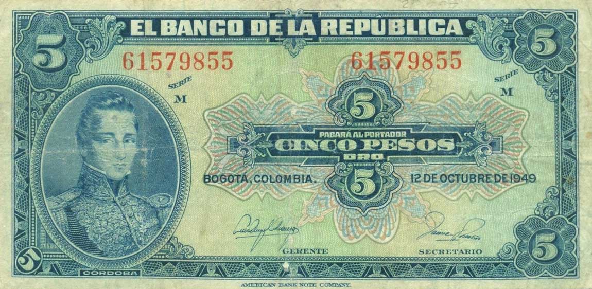 Front of Colombia p386d: 5 Pesos Oro from 1949