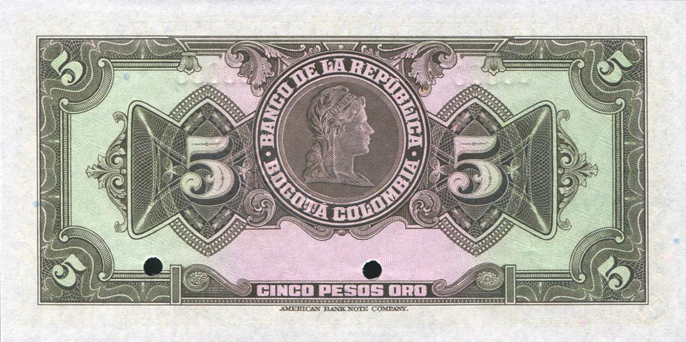 Back of Colombia p386s: 5 Pesos Oro from 1944