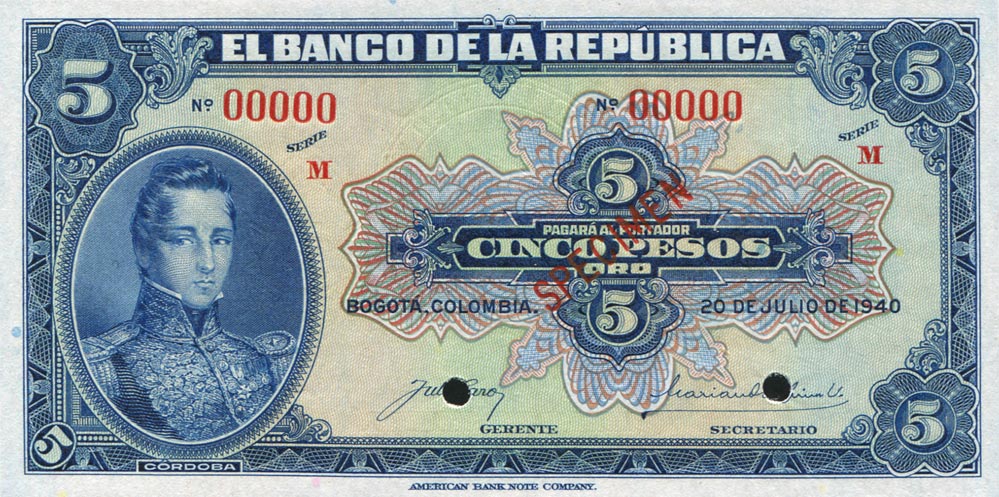 Front of Colombia p386s: 5 Pesos Oro from 1944