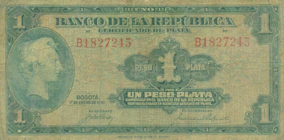 Front of Colombia p387a: 1 Peso from 1941
