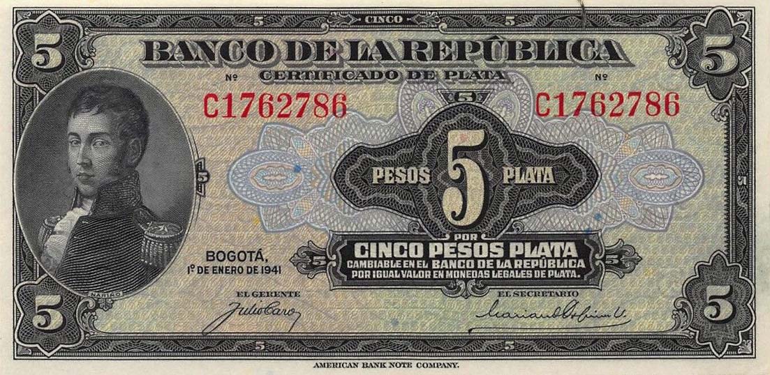 Front of Colombia p388a: 5 Pesos from 1941