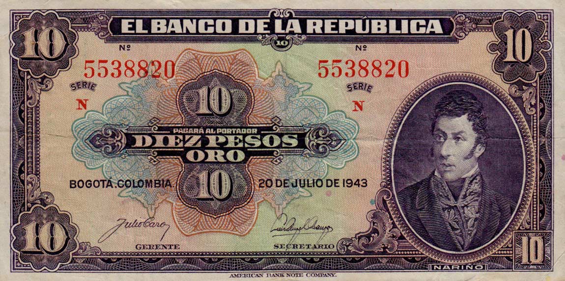 Front of Colombia p389b: 10 Pesos Oro from 1943