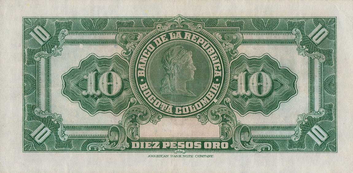 Back of Colombia p389d: 10 Pesos Oro from 1949