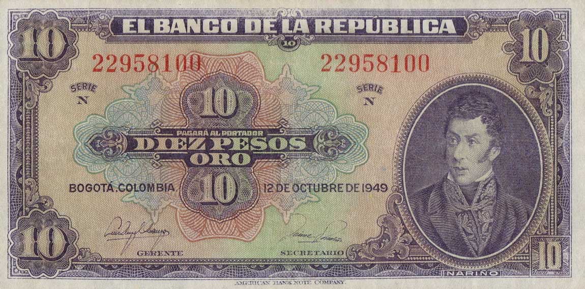 Front of Colombia p389d: 10 Pesos Oro from 1949