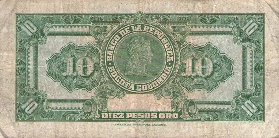 Back of Colombia p389e: 10 Pesos Oro from 1950