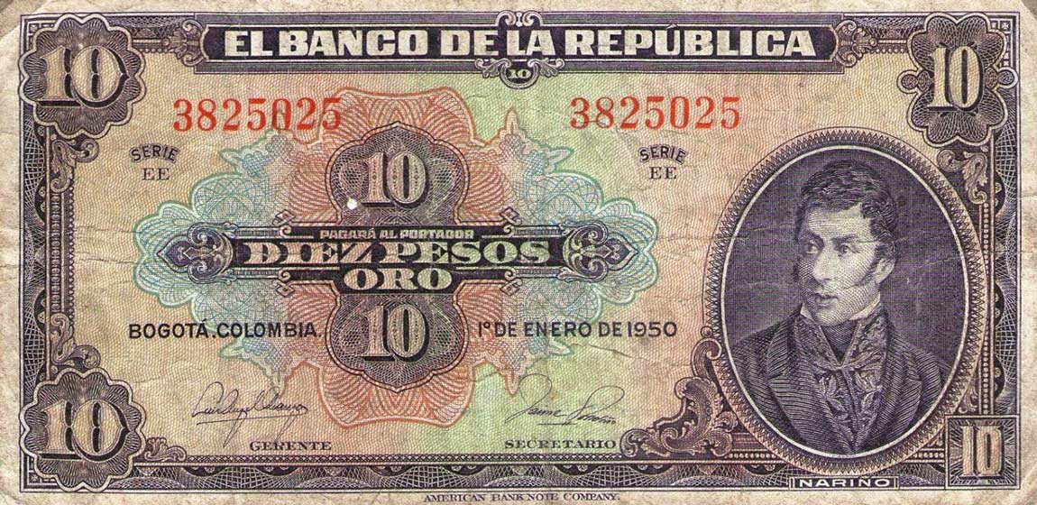 Front of Colombia p389e: 10 Pesos Oro from 1950