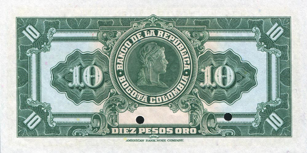 Back of Colombia p389s: 10 Pesos Oro from 1943