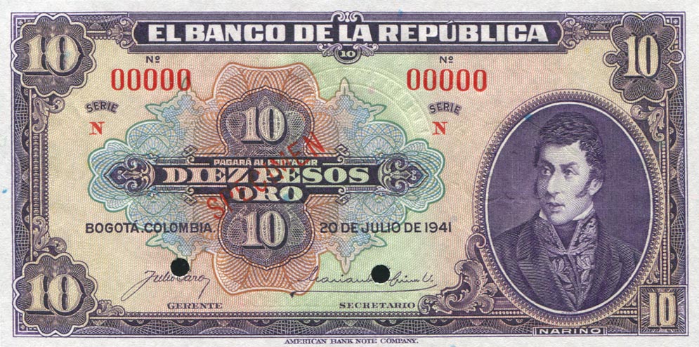 Front of Colombia p389s: 10 Pesos Oro from 1943