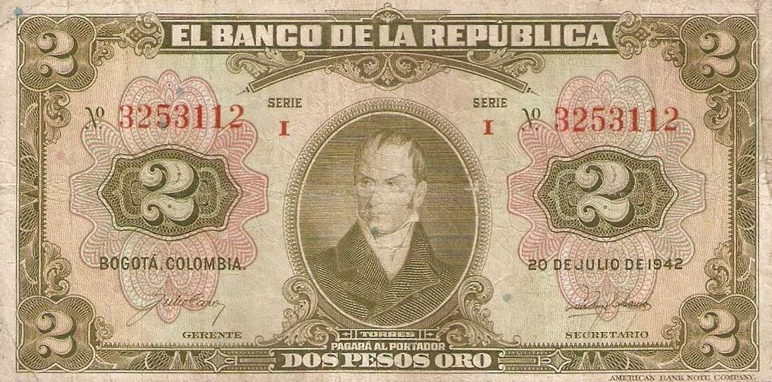 Front of Colombia p390a: 2 Pesos from 1942