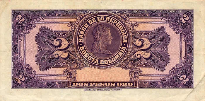 Back of Colombia p390b: 2 Pesos from 1944