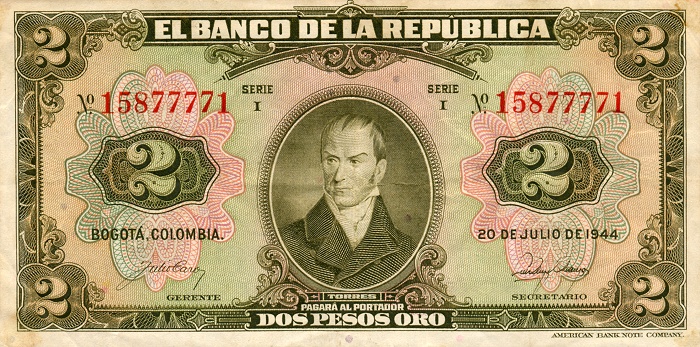 Front of Colombia p390b: 2 Pesos from 1944