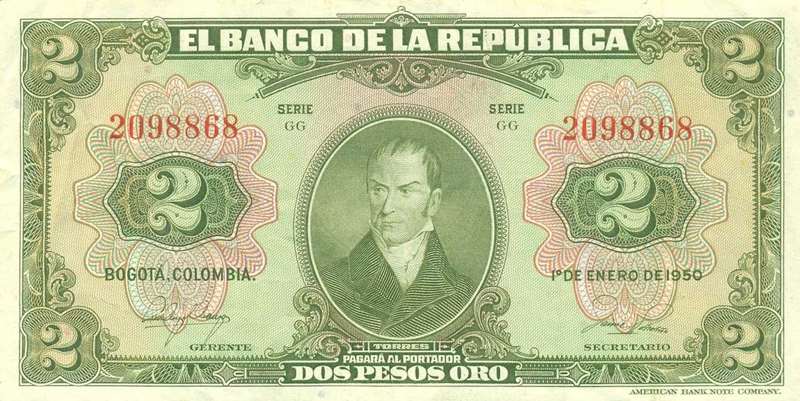 Front of Colombia p390c: 2 Pesos from 1950