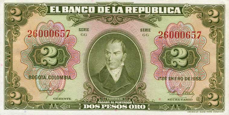 Front of Colombia p390d: 2 Pesos from 1955