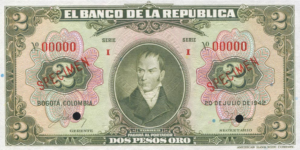 Front of Colombia p390s: 2 Pesos from 1944