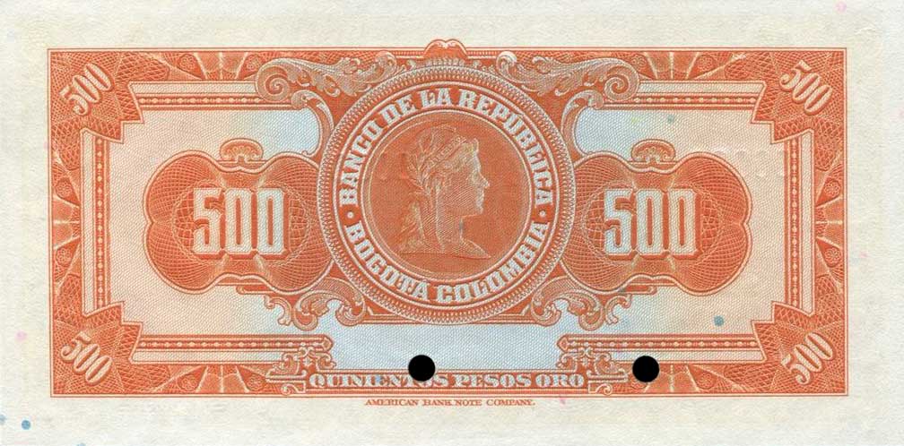 Back of Colombia p391s2: 500 Pesos from 1944