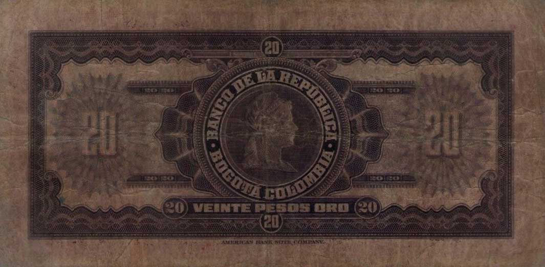 Back of Colombia p392a: 20 Pesos Oro from 1943