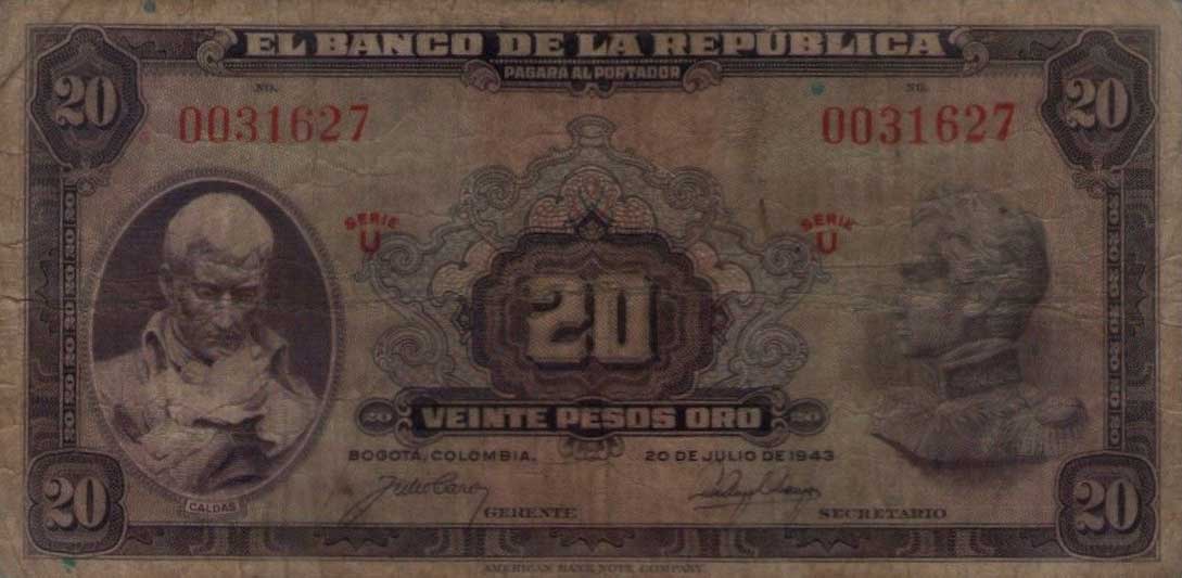 Front of Colombia p392a: 20 Pesos Oro from 1943