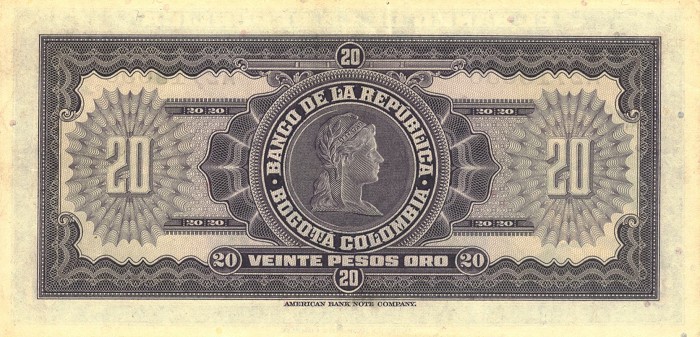 Back of Colombia p392c: 20 Pesos Oro from 1947
