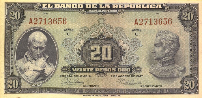 Front of Colombia p392c: 20 Pesos Oro from 1947