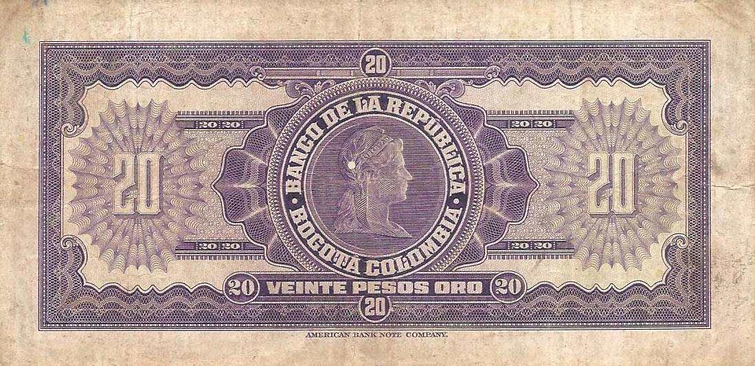 Back of Colombia p392d: 20 Pesos Oro from 1950