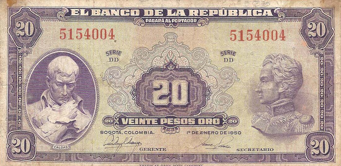 Front of Colombia p392d: 20 Pesos Oro from 1950