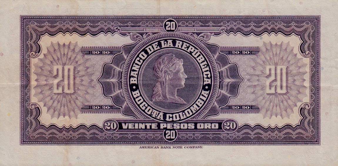 Back of Colombia p392e: 20 Pesos Oro from 1963