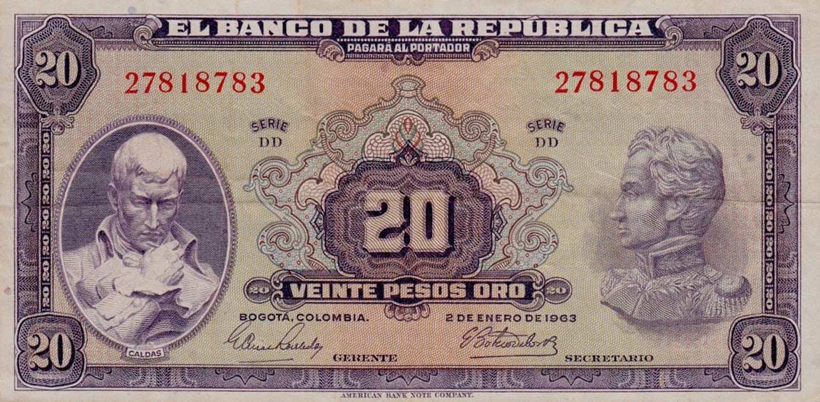 Front of Colombia p392e: 20 Pesos Oro from 1963