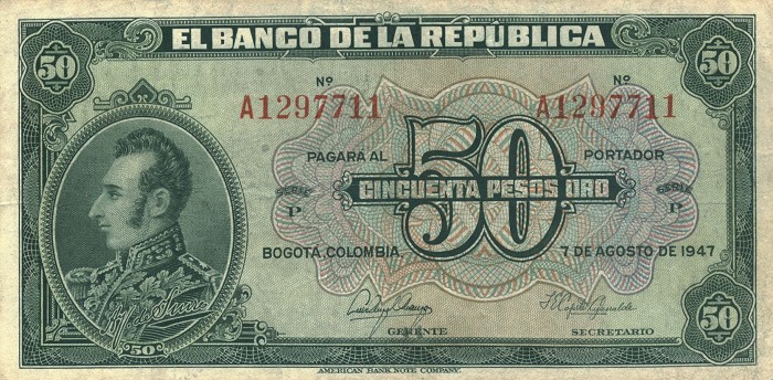 Front of Colombia p393b: 50 Pesos Oro from 1947