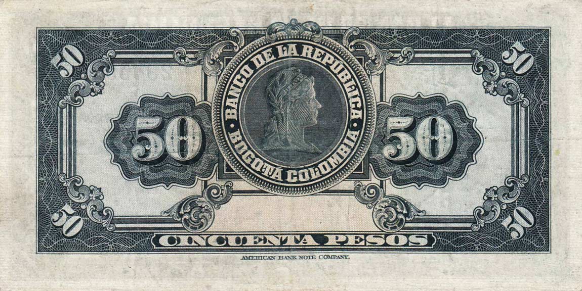 Back of Colombia p393c: 50 Pesos Oro from 1950