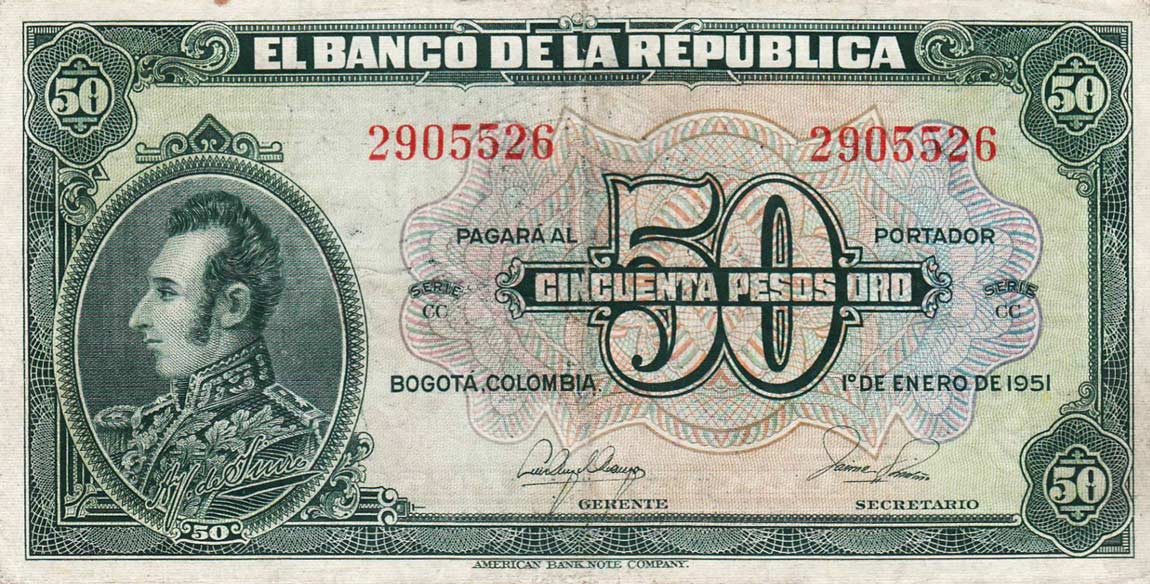 Front of Colombia p393c: 50 Pesos Oro from 1950