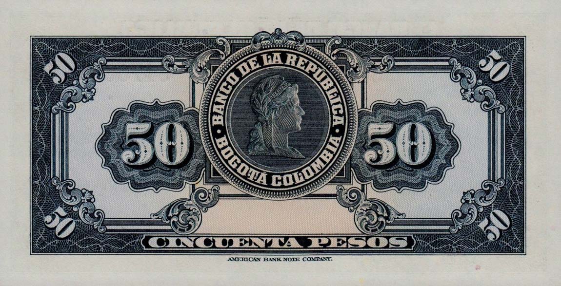 Back of Colombia p393d: 50 Pesos Oro from 1953