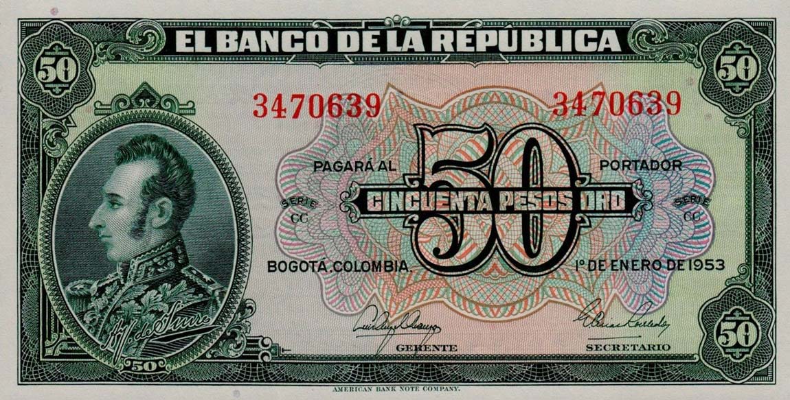 Front of Colombia p393d: 50 Pesos Oro from 1953