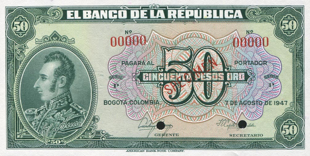 Front of Colombia p393s: 50 Pesos Oro from 1944