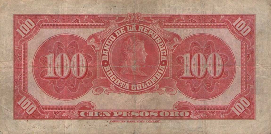 Back of Colombia p394a: 100 Pesos Oro from 1944