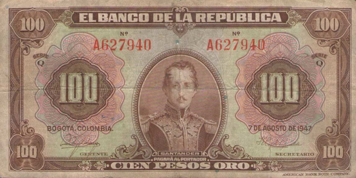 Front of Colombia p394a: 100 Pesos Oro from 1944