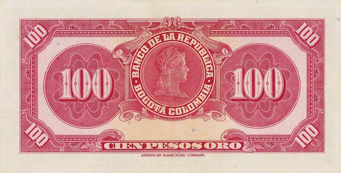 Back of Colombia p394c: 100 Pesos Oro from 1951