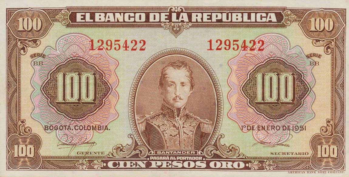 Front of Colombia p394c: 100 Pesos Oro from 1951