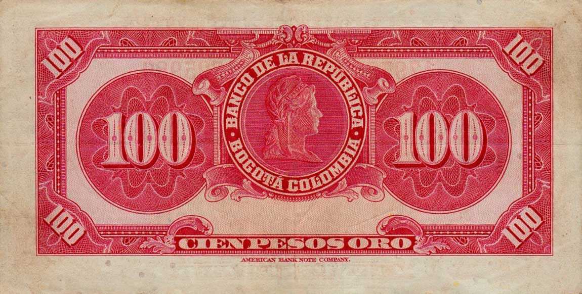 Back of Colombia p394d: 100 Pesos Oro from 1953