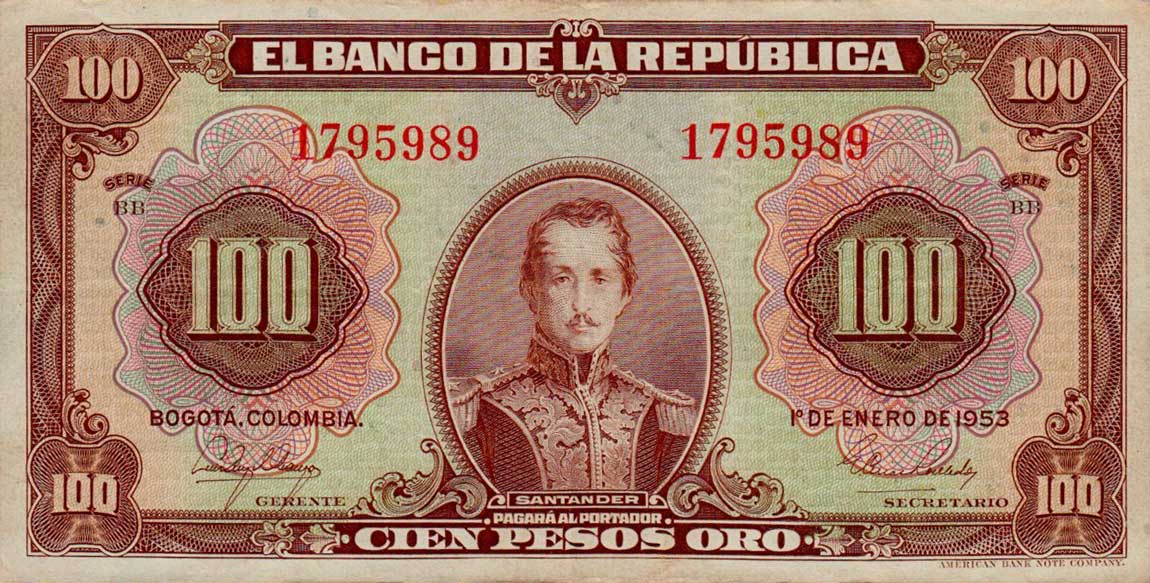 Front of Colombia p394d: 100 Pesos Oro from 1953