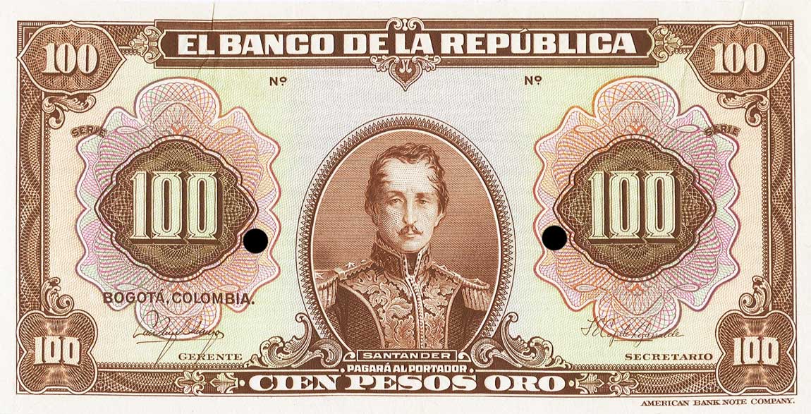 Front of Colombia p394p1: 100 Pesos Oro from 1944