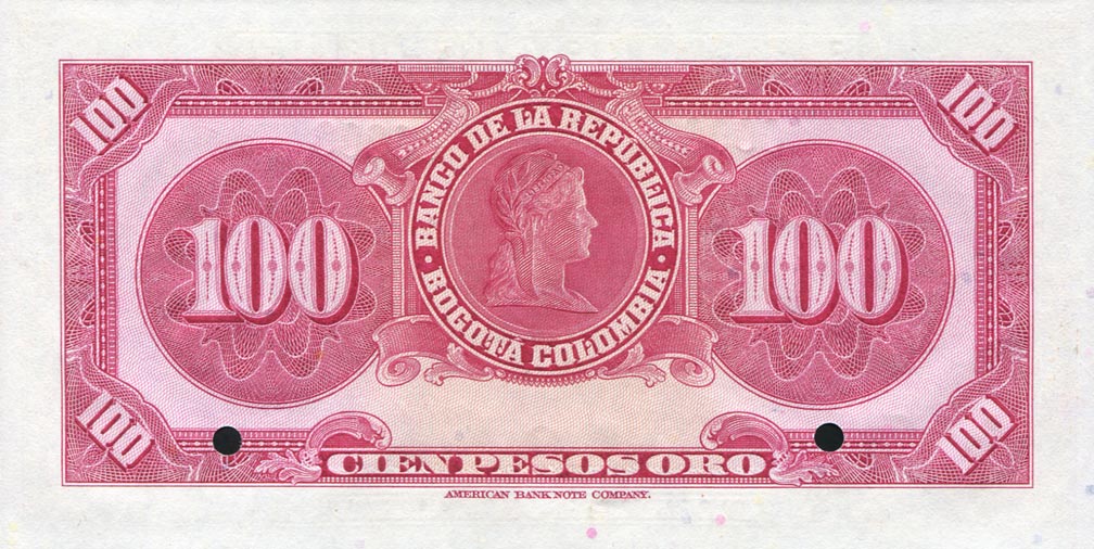 Back of Colombia p394s: 100 Pesos Oro from 1944