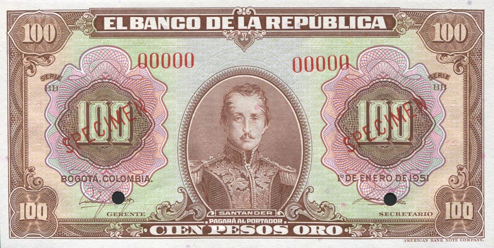 Front of Colombia p394s: 100 Pesos Oro from 1944