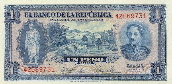 Front of Colombia p398: 1 Peso Oro from 1953