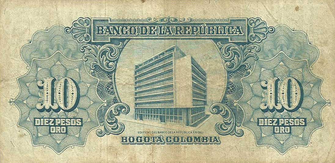 Back of Colombia p400a: 10 Pesos Oro from 1953