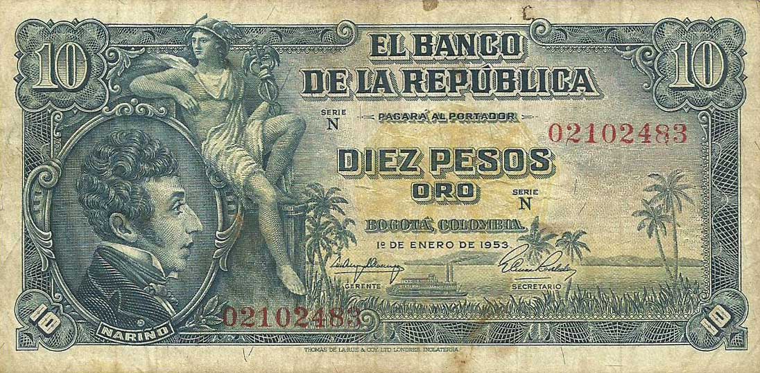 Front of Colombia p400a: 10 Pesos Oro from 1953